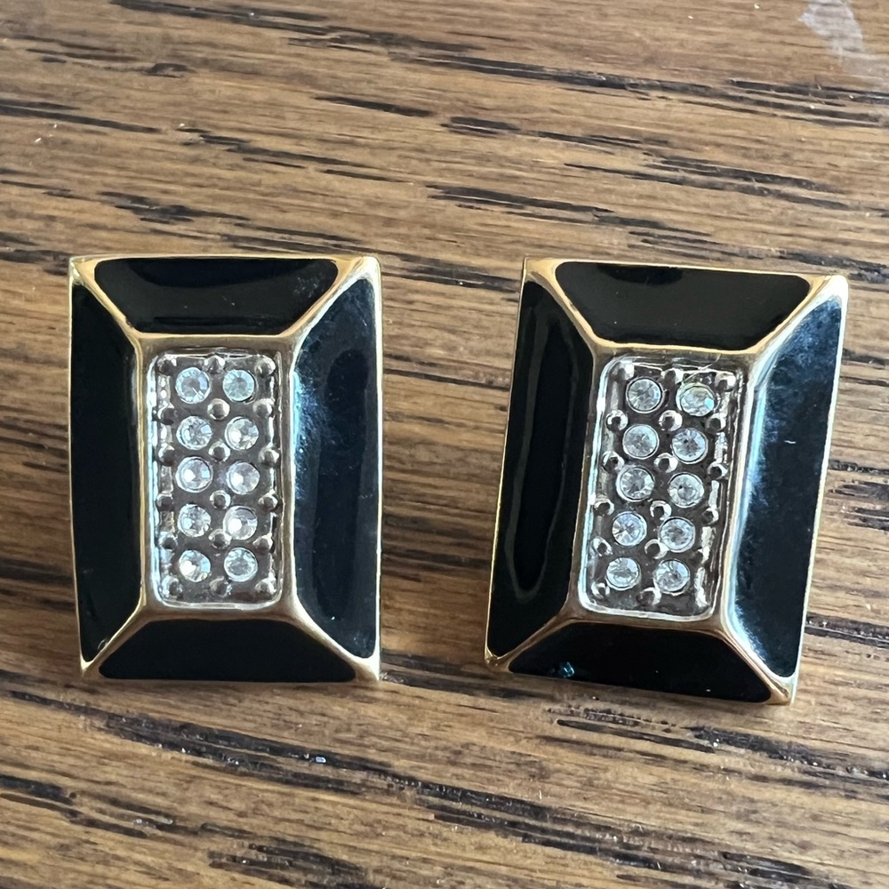 Butler Signed Black Enamel Faux Diamond pierced stud earrings